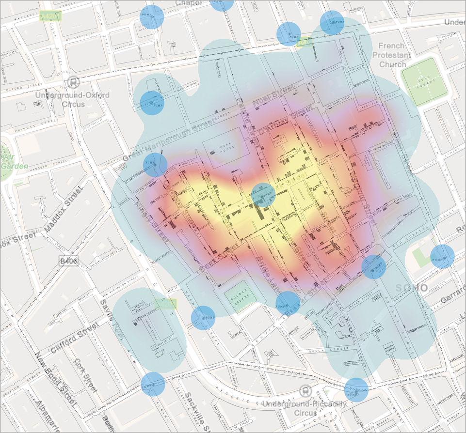 Visualisations of the ‘Broad Street cholera outbreak’ in London in 1854. Top: original map as drawn by John Snow. Bottom: Snow’s original map with a self-made heatmap visualisation overlay, based on the geographic position of the cases. The blue circles (n = 13) indicate the location of the water pumps.