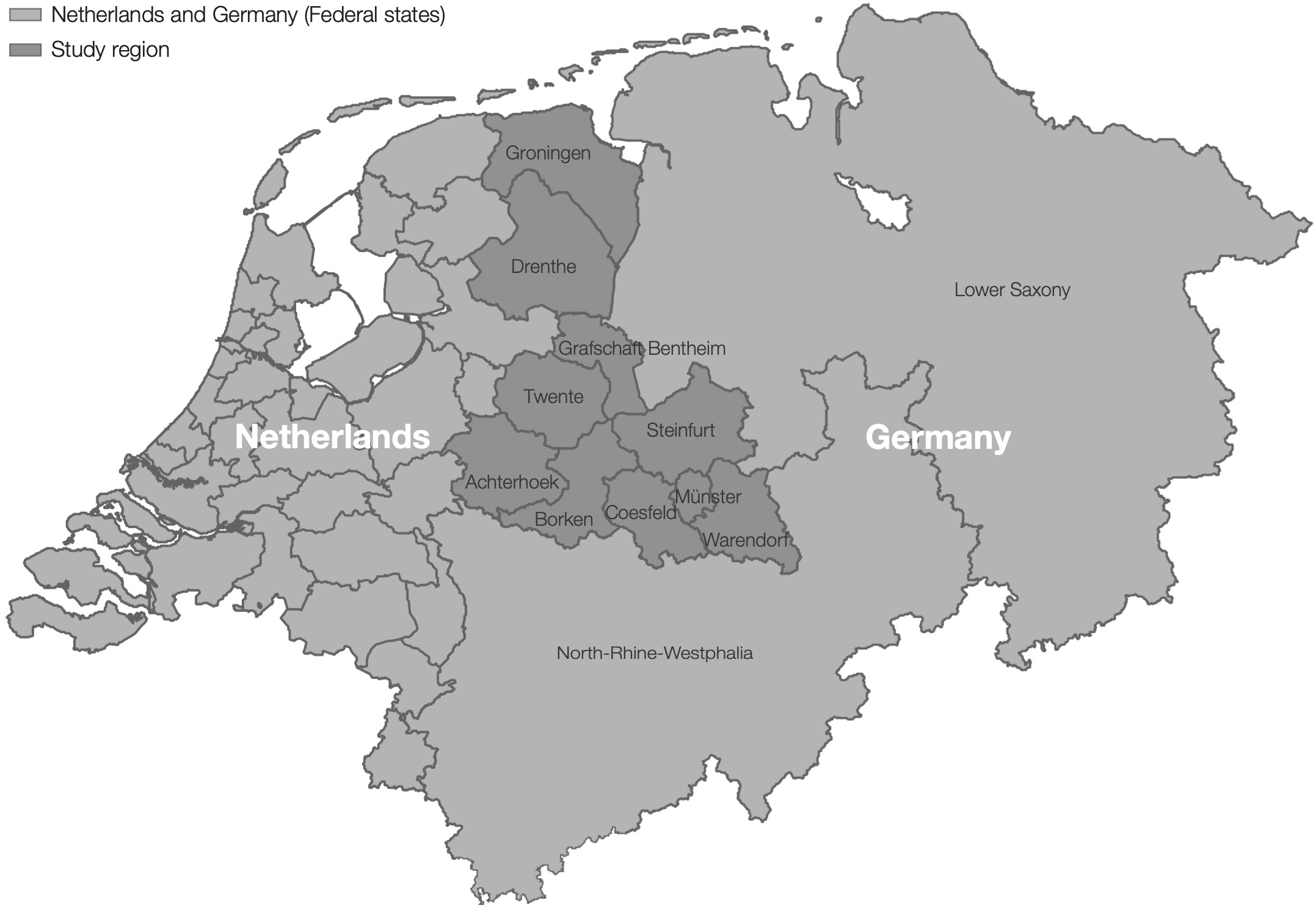 Location of the study region in the Netherlands and Germany, 2012-2016. The dark grey area represents the study region, including the Dutch regions East Groningen (NL111), Delfzijl and surroundings (NL112), rest of Groningen (NL113), North Drenthe (NL 131), South East Drenthe (NL132), South West Drenthe (NL133), Twente (NL213), Achterhoek (NL225), and the German regions Grafschaft Bentheim region (DE94B) and the Münsterland-region with the urban district Münster (DEA33) and the rural districts Borken (DEA34), Coesfeld (DEA35), Steinfurt (DEA37) and Warendorf (DEA38).